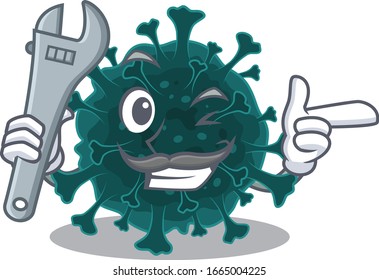A picture of cool mechanic coronavirus COVID 19 cartoon character design