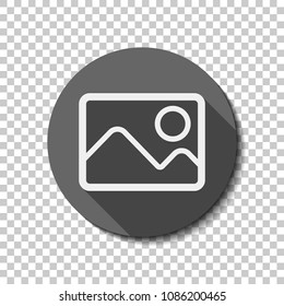 Picture with couple of mountains and sun. Simple linear icon. White flat icon with long shadow in circle on transparent background. Badge or sticker style
