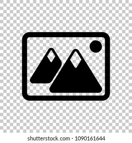 Picture with couple of mountains and sun. Simple icon. On transparent background.