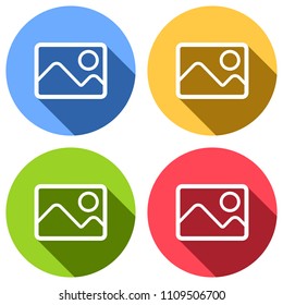 Picture with couple of mountains and sun. Simple linear icon. Set of white icons with long shadow on blue, orange, green and red colored circles. Sticker style