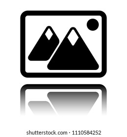 Picture with couple of mountains and sun. Simple icon. Black icon with mirror reflection on white background