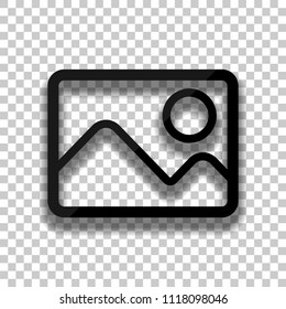 Picture with couple of mountains and sun. Simple linear icon. Black glass icon with soft shadow on transparent background