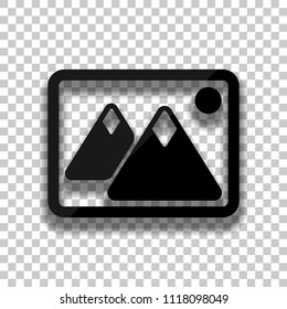 Picture with couple of mountains and sun. Simple icon. Black glass icon with soft shadow on transparent background
