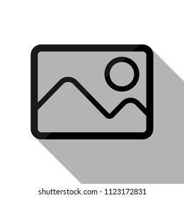 Picture with couple of mountains and sun. Simple linear icon. Black object with long shadow on white background