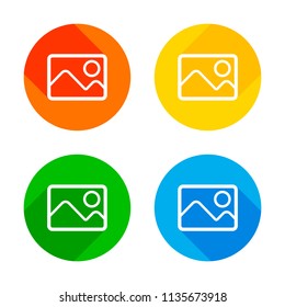 Picture with couple of mountains and sun. Simple linear icon. Flat white icon on colored circles background. Four different long shadows in each corners