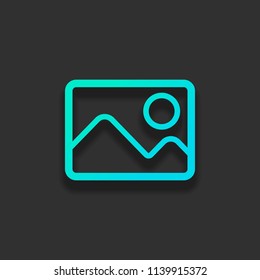 Picture with couple of mountains and sun. Simple linear icon. Colorful logo concept with soft shadow on dark background. Icon color of azure ocean