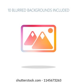 Picture with couple of mountains and sun. Simple icon. Colorful logo concept with simple shadow on white. 10 different blurred backgrounds included