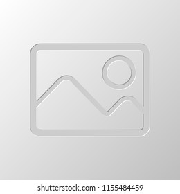 Picture with couple of mountains and sun. Simple linear icon. Paper design. Cutted symbol. Pitted style