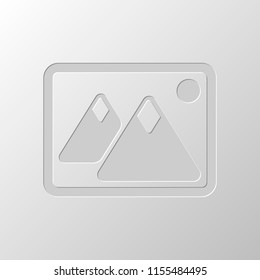 Picture with couple of mountains and sun. Simple icon. Paper design. Cutted symbol. Pitted style