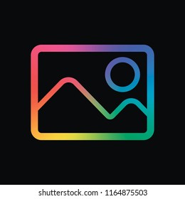 Picture with couple of mountains and sun. Simple linear icon. Rainbow color and dark background