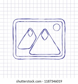 Picture with couple of mountains and sun. Simple icon. Hand drawn picture on paper sheet. Blue ink, outline sketch style. Doodle on checkered background