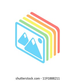 Picture with couple of mountains and sun. Simple icon. Stack of colorful isometric icons on white background