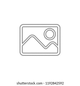 Picture with couple of mountains and sun. Simple linear icon. Dotted outline silhouette with shadow on white background