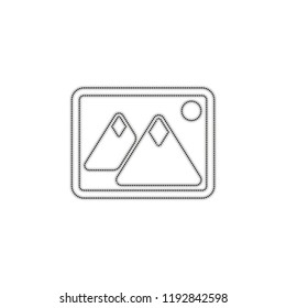 Picture with couple of mountains and sun. Simple icon. Dotted outline silhouette with shadow on white background