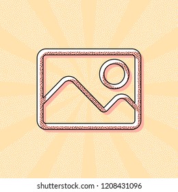 Picture with couple of mountains and sun. Simple linear icon. Vintage retro typography with offset printing effect. Dots poster with comics pop art background