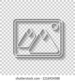 Picture with couple of mountains and sun. Simple icon. White outline sign with shadow on transparent background