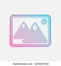 Picture with couple of mountains and sun. Simple icon. Colored logo with diagonal lines and blue-red gradient. Neon graphic, light effect