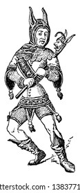 A picture of Court clown in which he holds a stick in his hand, vintage line drawing or engraving illustration.