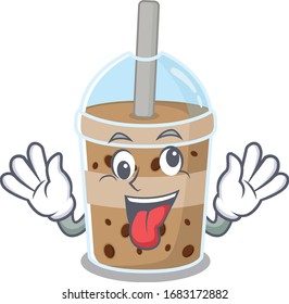 A picture of crazy face chocolate bubble tea mascot design style