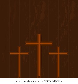 Picture of a cross made of teak. And there is a wooden backdrop against each other. The light is reflected into the shadow. Is a wooden art work.