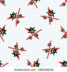 Picture of crossed out sars cov 2 seamless pattern background. Fight , defeat, beat viral spread quarantine of covid 19. Educational hand drawn graphic design. Safety caution awareness backdrop