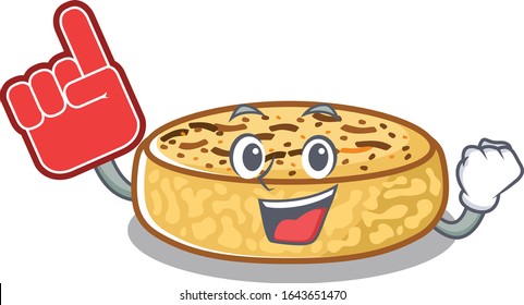 A picture of crumpets mascot cartoon design holding a Foam finger