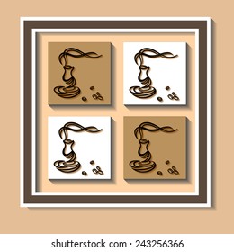 Picture with cups of coffee and coffee beans in the squares