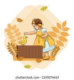 A picture of a curly-haired girl with a yellow duck on the box. Vector drawing for printing on t-shirts, cups, for interior decoration, postcards, etc.
