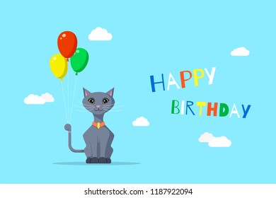 Picture of cute cat with colored baloons