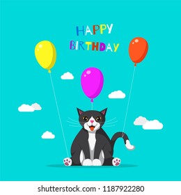 Picture of cute cat with colored baloons