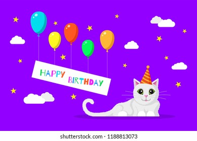 Picture of cute cat with colored baloons