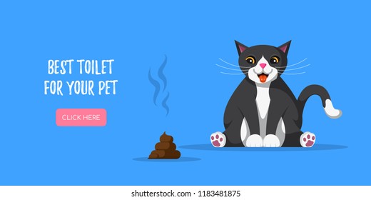 Picture of cute cat and poop lying beside. Concept banner for pet shop. Flat style illustration.