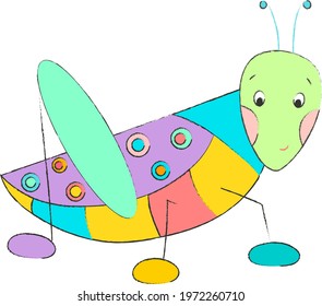 Picture of a cute drawn cartoon grasshopper in color. Educational material for children of primary preschool age. Vector illustration