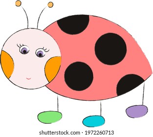 Picture of a cute drawn cartoon ladybug in color. Educational material for children of primary preschool age. Vector illustration