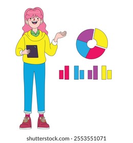 picture of a cute girl with pink hair doing a presentation and graphs beside her