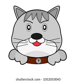 picture of a cute gray cat on a white background with a collar and bells. picture of a whore's book, a sticker for a house decor or clothes.