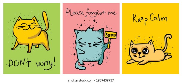 Picture with cute kittens gang. Funny doodle cats sketch.