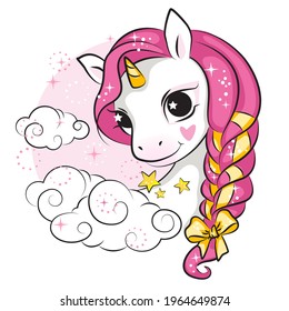 Picture with cute smilling pink unicorn. Beautiful picture for your design.