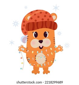 Picture of a cute tiger cub with flashlights. Freehand drawing