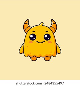 The picture of a cute yellow monster with horns is drawn in a simple shape. This monster looks friendly and not scary, suitable for small children.