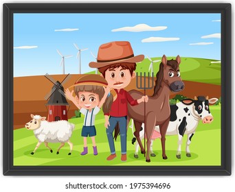 A picture of Dad and daughter in the farm scene illustration