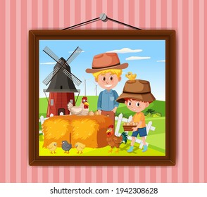 A Picture Of Dad And Son In The Farm Scene Hanging On The Wall Illustration