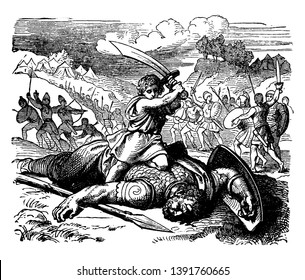 A picture of David trying to cut off the head of Goliath. In the background some Men's of Israel and Judah pursuing the Philistines, vintage line drawing or engraving illustration.