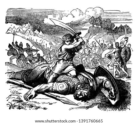 A picture of David trying to cut off the head of Goliath. In the background some Men's of Israel and Judah pursuing the Philistines, vintage line drawing or engraving illustration.