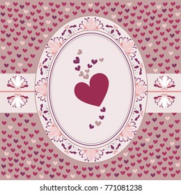 Picture to the day of St. Valentine with hearts against the background and pattern in the oval