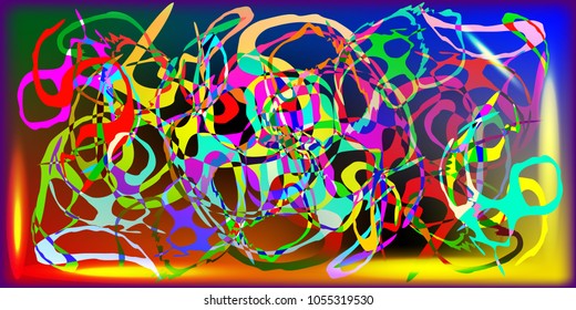 A picture for decoration of circus posters with an abstract image in the style of a harlequin. Multicolored ribbons overlapping each other.
