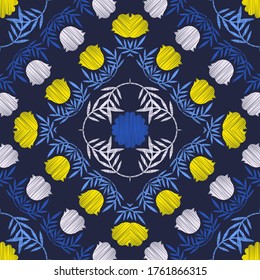 Picture with decorative flowers. Design with manual hatching. Seamless pattern. Ethnic boho ornament. Textile. Vector illustration for web design or print.