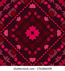 Picture with decorative flowers. Design with manual hatching. Seamless pattern. Ethnic boho ornament. Textile. Vector illustration for web design or print.