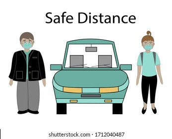 Picture demonstrates safe distance between people during pandemic. Two persons and a car between them.