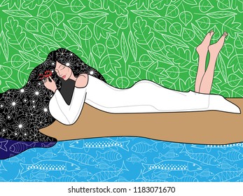 a picture depicting a beautiful, slender girl lying on the shore, which holds a scorpion in her hand, the girl zodiac signs, this personifies Scorpio